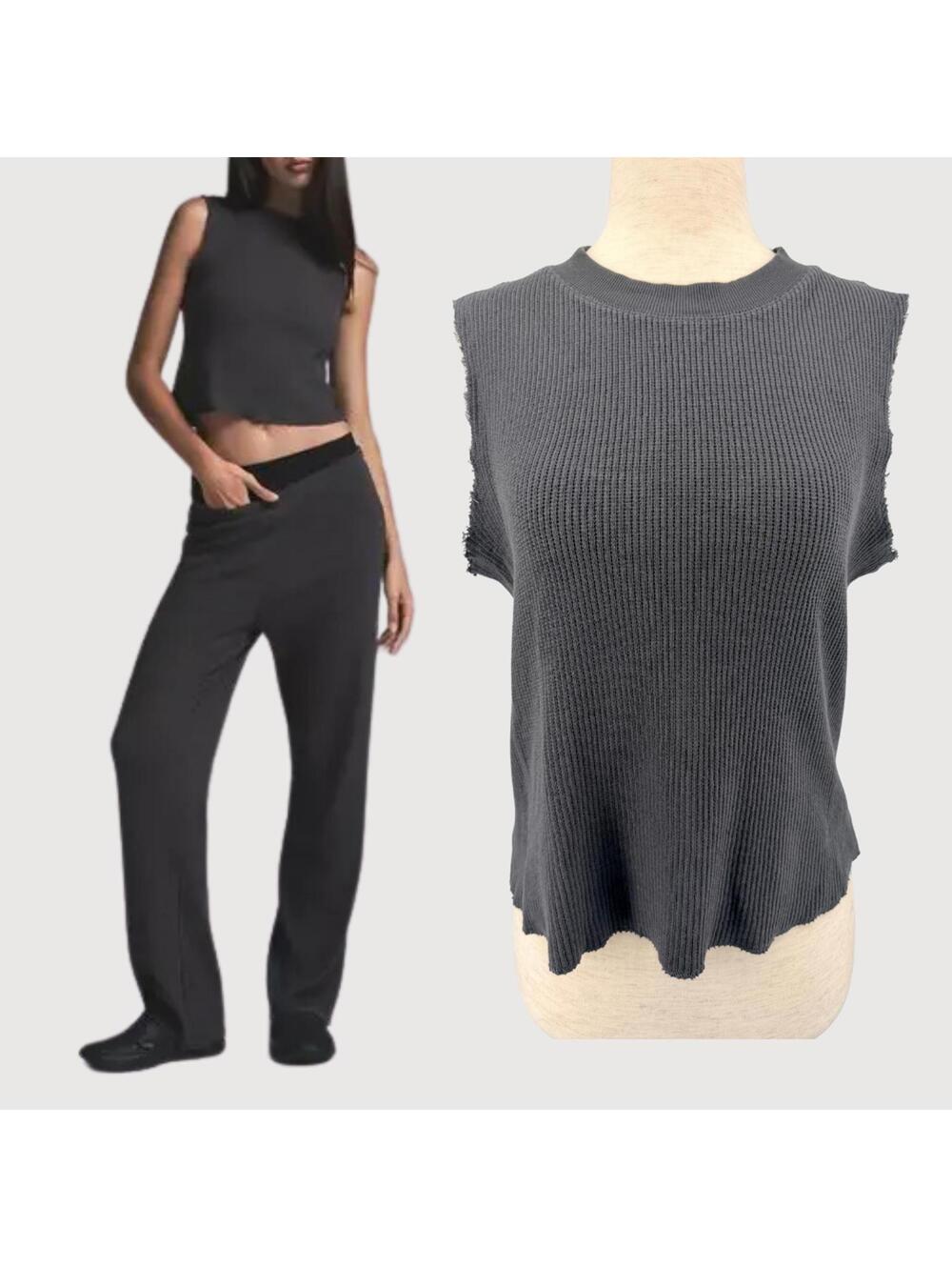 Skims Waffle Knit Tank Top Ash Grey Sleeveless L